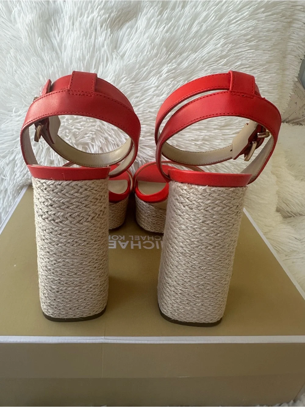Michael Kors Ashton Platform Espadrille Block Heel Sandals Spiced Coral Red 8.5